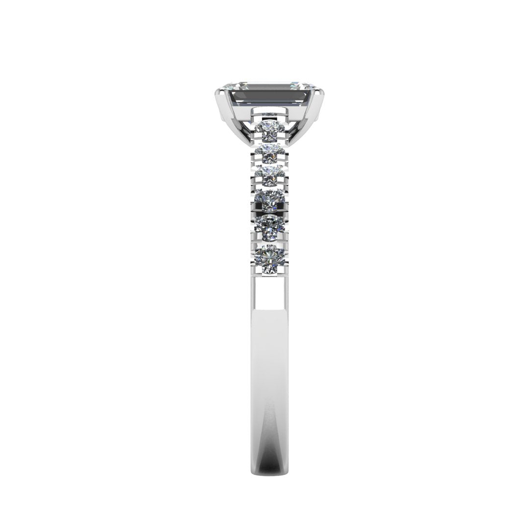 Harrogate Jewellers' ADELE engagement ring, featuring an emerald cut lab-grown diamond set in platinum, with smaller diamonds on the band, bespoke jewellery crafted in Yorkshire.