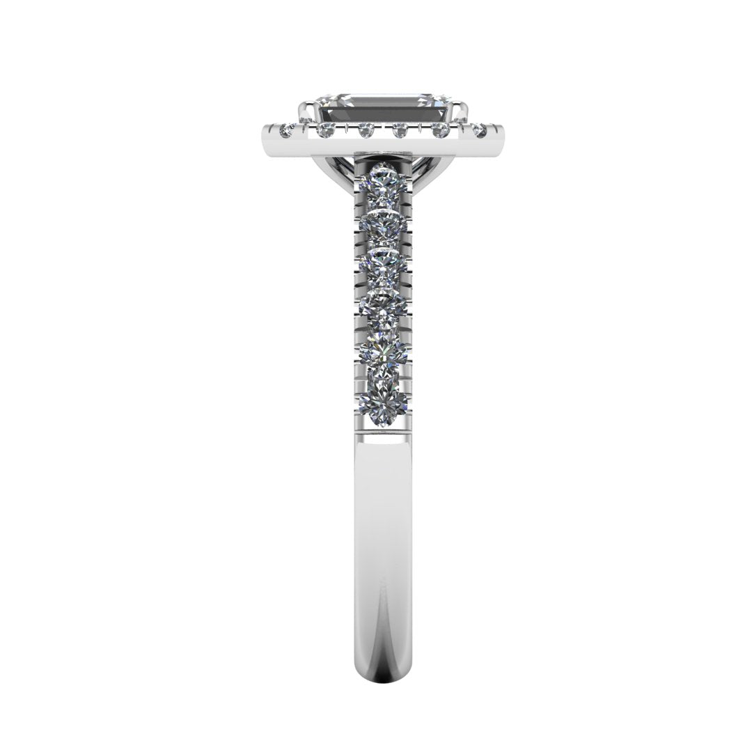 Harrogate Jewellers' CONNIE - Lab-Grown Emerald Cut Diamond Halo Ring, platinum band with a row of diamonds, Earth Mined Diamonds Wedding Ring, bespoke jewellery in Yorkshire.