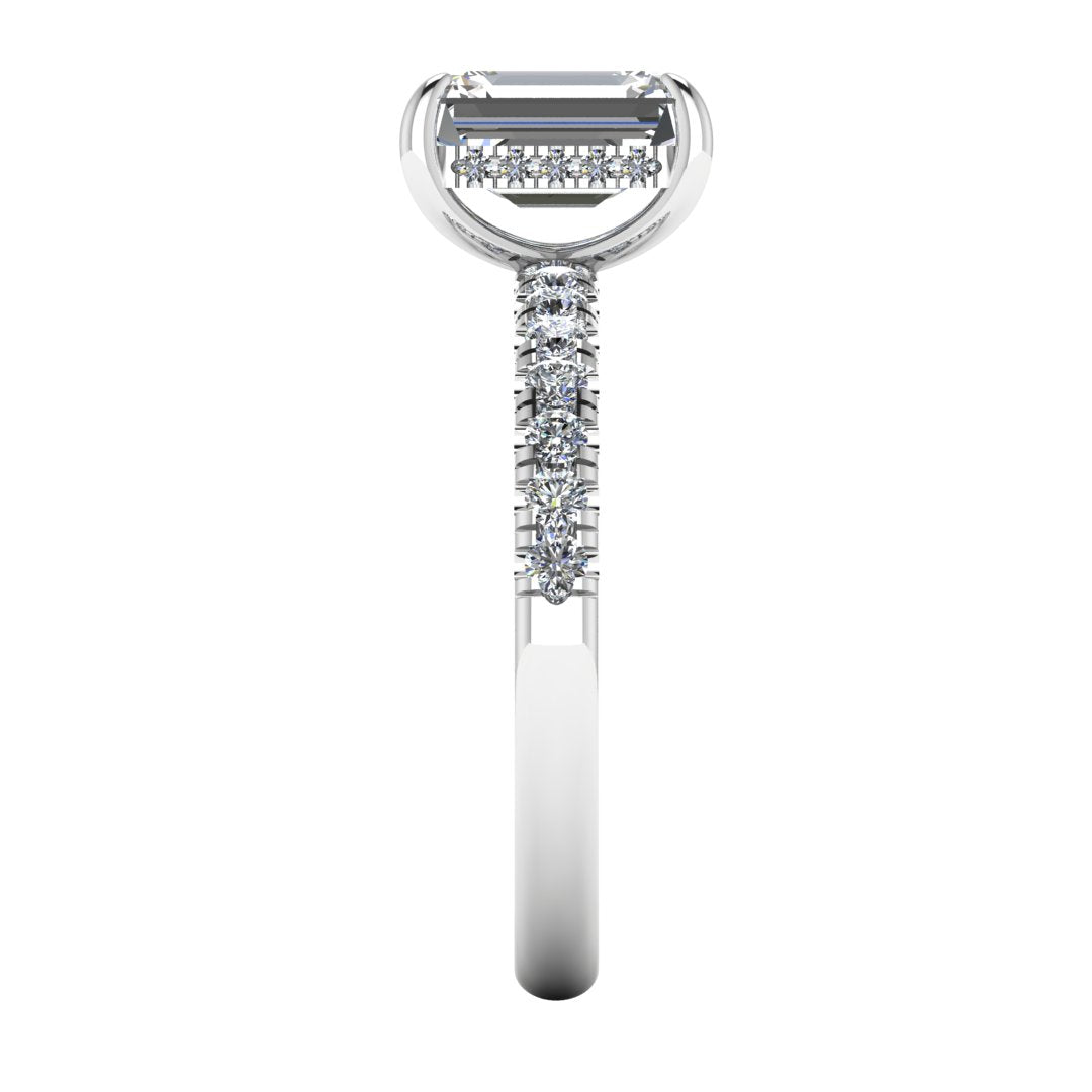 Harrogate Jewellers' ISABELLA Engagement Ring, featuring a lab-grown emerald cut diamond with a hidden halo, set in platinum on a diamond-studded band, bespoke jewellery in Yorkshire.