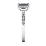 Harrogate Jewellers' ISABELLA Engagement Ring, featuring a lab-grown emerald cut diamond with a hidden halo, set in platinum on a diamond-studded band, bespoke jewellery in Yorkshire.