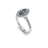 Harrogate Jewellers' DAHLIA - Lab-Grown Marquise Cut Diamond Halo Ring in platinum with sparkling diamonds on a white gold band, bespoke engagement ring, Harrogate Yorkshire.