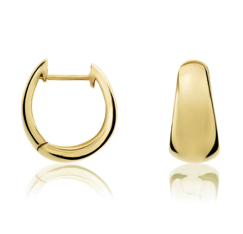 Harrogate Jewellers Yellow Gold Tapered Polished Huggie Hoop Earrings perfect for bespoke jewellery, Earth Mined Diamonds Wedding Rings in Harrogate, Yorkshire.