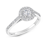 Harrogate Jewellers' DELPHINE Lab-Grown Classic Round Brilliant Cut Diamond Halo Ring, a bespoke engagement ring, showcasing Yorkshire's finest lab grown diamonds on a white background.