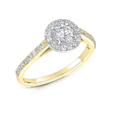 Harrogate Jewellers' Delphine Lab-Grown Classic Round Brilliant Cut Diamond Halo Ring, a bespoke Yorkshire engagement ring with a gold band and small diamonds.