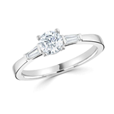 Harrogate Jewellers Round Brilliant Cut Tapered Baguette Cut Diamond Trilogy Ring 0.50ct, a white gold engagement ring with a central diamond and smaller flanking diamonds, perfect for a bespoke Yorkshire wedding.
