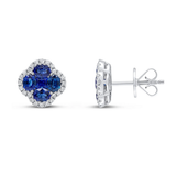 Harrogate Jewellers' Sapphire and Diamond Quatrefoil Stud Earrings, featuring vivid blue sapphires surrounded by brilliant round diamonds, set in 18ct white gold.