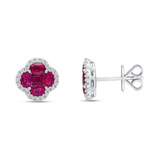 Harrogate Jewellers' Ruby and Diamond Quatrefoil Stud Earrings, featuring earth mined diamonds and vibrant pink rubies on an 18ct white gold setting, perfect for bespoke jewellery seekers in Harrogate, Yorkshire.