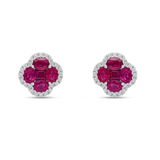 Quatrefoil stud earrings by Harrogate Jewellers featuring laboratory grown rubies and Earth Mined Diamonds, set in white gold, ideal for weddings or bespoke jewellery in Yorkshire.
