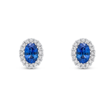 Oval cut sapphire and diamond halo earrings by Harrogate Jewellers, set in 18ct white gold, bespoke jewellery, perfect for weddings or engagements in Yorkshire.