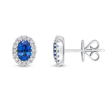 Oval cut sapphire and diamond halo earrings by Harrogate Jewellers in white gold, bespoke wedding jewellery in Yorkshire