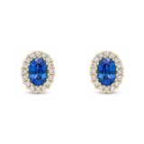 Oval cut sapphire and diamond halo earrings in yellow gold by Harrogate Jewellers, a bespoke jewellery design from Harrogate, Yorkshire. Ideal for weddings and engagements.