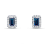 Octagonal cut sapphire and diamond halo earrings from Harrogate Jewellers, set in white gold, perfect for bespoke jewellery lovers in Yorkshire.