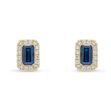 Octagonal cut sapphire and diamond halo earrings by Harrogate Jewellers, set in yellow gold. Ideal for bespoke Yorkshire wedding jewellery.