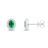 Harrogate Jewellers' White Gold Emerald and Diamond Oval Cut Halo Earrings, featuring earth mined diamonds, perfect for bespoke jewellery lovers in Harrogate, Yorkshire.
