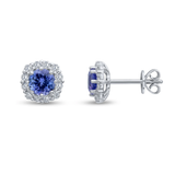 Harrogate Jewellers' white gold Tanzanite and Diamond Halo Stud Earrings, featuring round tanzanite surrounded by a halo of earth mined diamonds, ideal for engagement or bespoke jewellery.