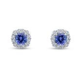 Harrogate Jewellers' Tanzanite and Diamond Halo Stud Earrings in White Gold, showing vivid round tanzanite surrounded by sparkling diamonds, perfect for bespoke Yorkshire wedding jewellery