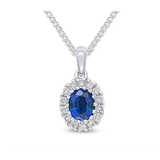 Harrogate Jewellers' Sapphire and Diamond Oval Cut Halo Pendant in White Gold, a bespoke Yorkshire jewellery piece perfect for engagement or wedding occasions