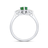 Pear Cut Emerald and Diamond Trilogy Ring in 18ct White Gold from Harrogate Jewellers, showcasing a vibrant 7x5mm emerald flanked by two pear-shaped diamonds, set in a beautifully curved white gold band. Ideal for bespoke engagement or wedding jewellery in Harrogate, Yorkshire.