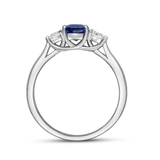 Pear Cut Sapphire and Diamond Trilogy Ring by Harrogate Jewellers, 18ct white gold ring showcasing a 7x5mm pear-shaped sapphire and two pear-shaped diamonds, bespoke jewellery in Harrogate, Yorkshire.