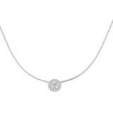 Harrogate Jewellers Round Brilliant Cut Diamond Halo Pendant in platinum, featuring a lab-grown diamond and smaller natural Earth Mined Diamonds on an 18-inch chain, bespoke jewellery from Yorkshire.