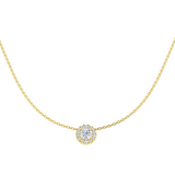 Harrogate Jewellers' Round Brilliant Cut Diamond Halo Pendant in white gold, showcasing a lab-grown, Earth Mined Diamond on a delicate chain, perfect for weddings or bespoke Yorkshire jewellery collections.