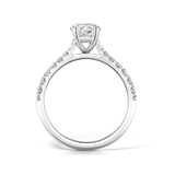 Harrogate Jewellers lab grown diamond engagement ring, featuring a bespoke, claw set, oval cut diamond, tapered design on a silver band, reflecting Yorkshire's quality craftsmanship.
