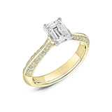 Emerald cut diamond engagement ring from Harrogate Jewellers, showcasing lab-grown diamonds on a gold, knife-edge band. Bespoke Yorkshire jewellery for weddings.
