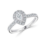 Pear cut diamond halo shoulder set engagement ring from Harrogate Jewellers, a bespoke piece perfect for a lab grown diamond wedding ring, Yorkshire style.