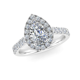 Luna lab-grown pear cut diamond halo ring by Harrogate Jewellers, white gold band with small surrounding diamonds, bespoke engagement ring crafted in Yorkshire.