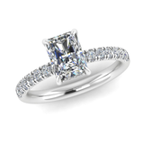 Radiant cut lab-grown diamond engagement ring from Harrogate Jewellers, encrusted with diamond-set shoulders and under halo on a platinum band, bespoke Yorkshire jewellery.