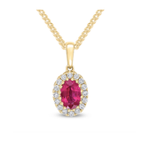 Oval cut ruby and diamond halo pendant earrings in yellow gold from Harrogate Jewellers, bespoke jewellery in Yorkshire
