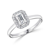 Elegant Emerald Cut Claw Set Diamond Halo Engagement Ring by Harrogate Jewellers, bespoke jewellery in Harrogate, Yorkshire. Perfect for lab grown diamond wedding rings.