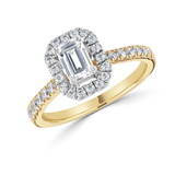 Emerald cut diamond halo shoulder set engagement ring by Harrogate Jewellers, a luxury bespoke jewellery piece from Yorkshire, featuring lab grown diamonds.