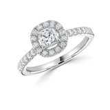 Cushion Cut Diamond Halo Shoulder Set Engagement Ring by Harrogate Jewellers, featuring a lab grown center diamond, surrounded by a halo of smaller diamonds, bespoke jewellery in Yorkshire.