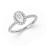 Harrogate Jewellers bespoke oval cut diamond engagement ring, with a 1.00ct lab grown diamond centre and halo shoulder set, crafted in Yorkshire.
