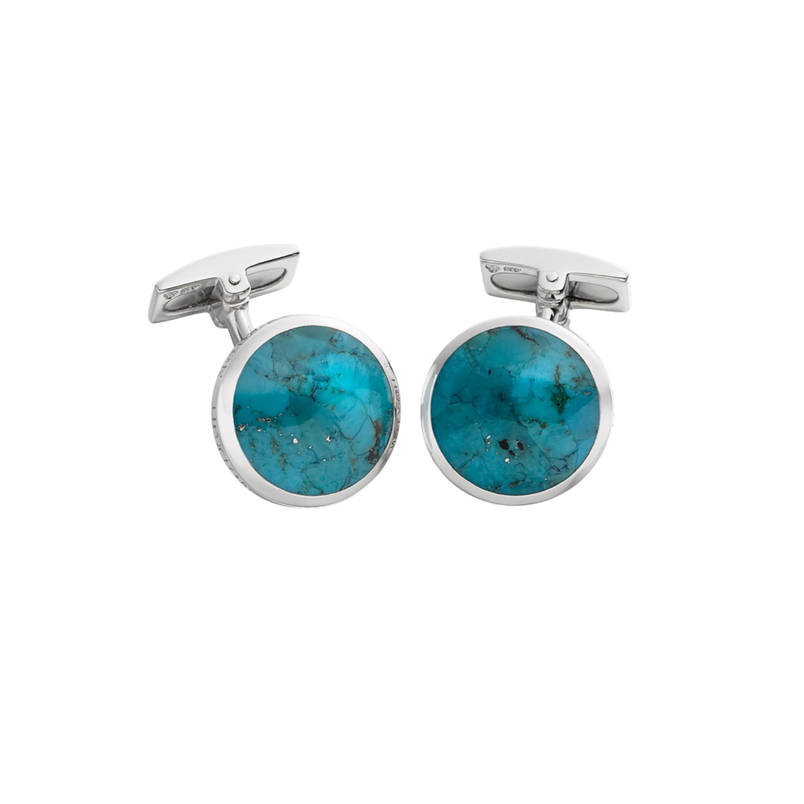 Men's Platinum Round Cufflinks with Turquoise Stones by Harrogate Jewellers, Ideal for Bespoke Wedding or Engagement Jewellery in Harrogate, Yorkshire.