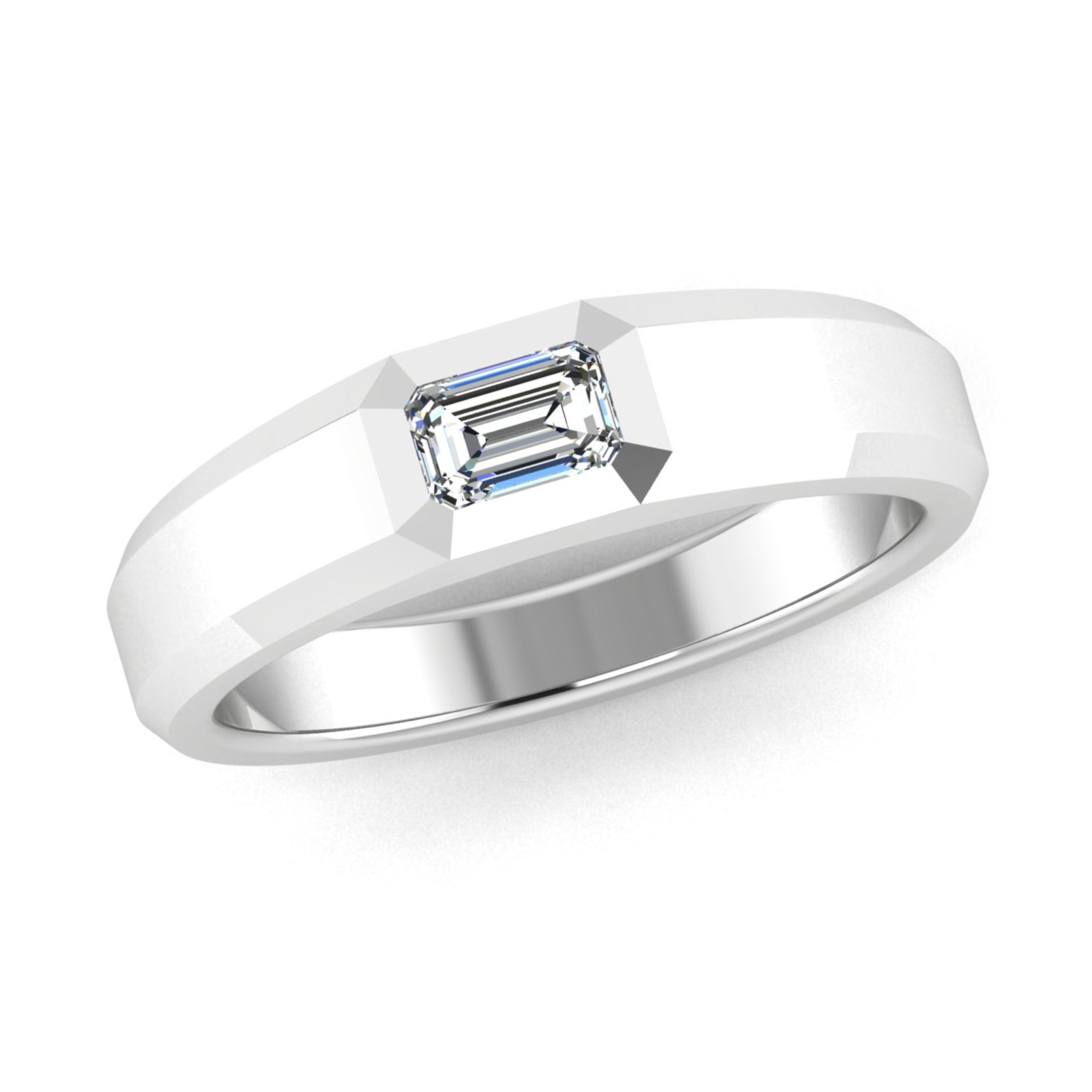 white gold signet ring emerald cut diamond ring with a diamond on a white background