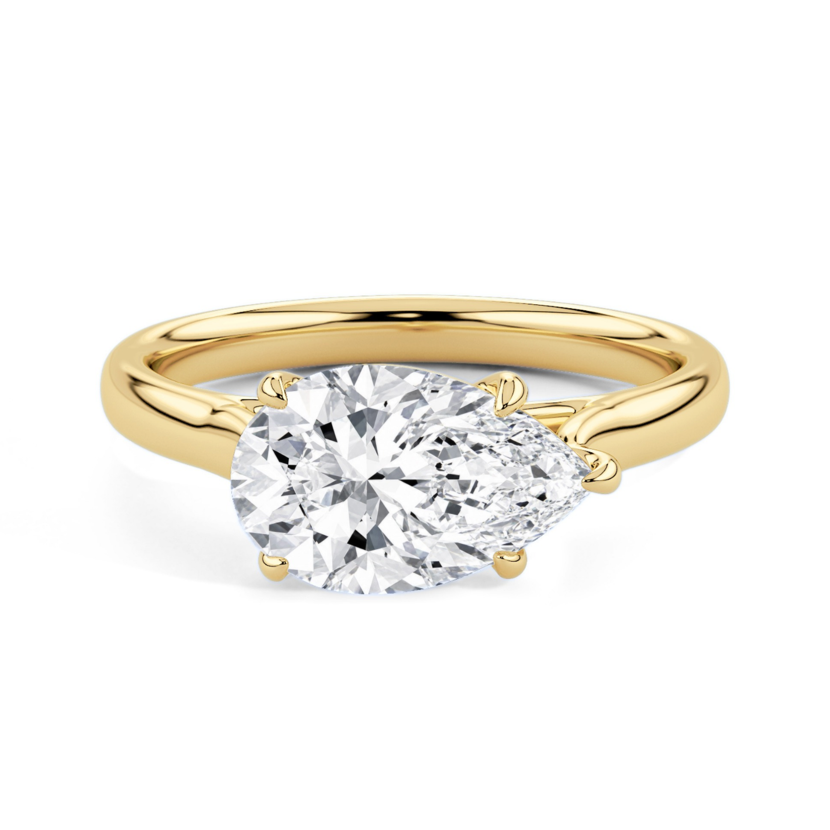 A pear-cut diamond engagement ring with a yellow gold band, shown on a clean white background.