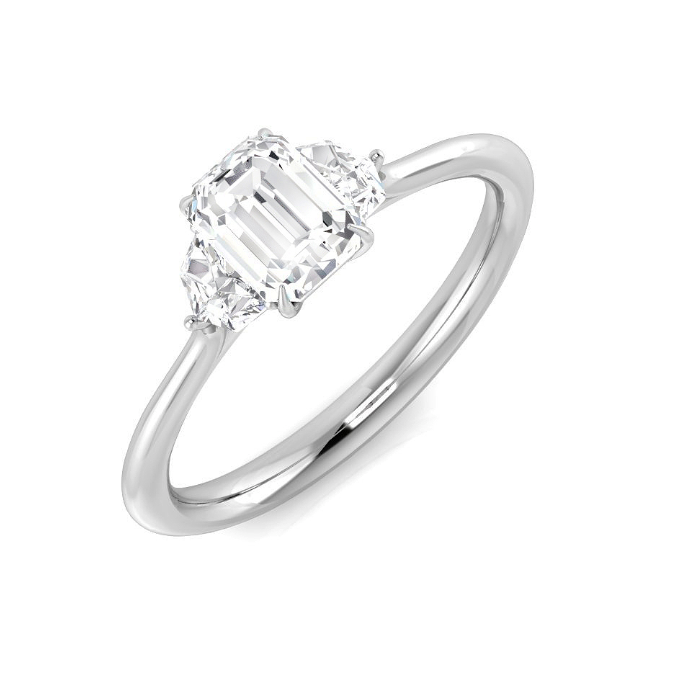 Diamond ring with emerald-cut centre diamond and 2 Cadillac Diamond 0.16ct on a white background