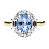 Oval Sapphire Baguette Cut Diamond Halo Engagement Ring