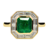 Bezel Set Emerald with Baguette Cut Diamond Halo Ring 18ct
