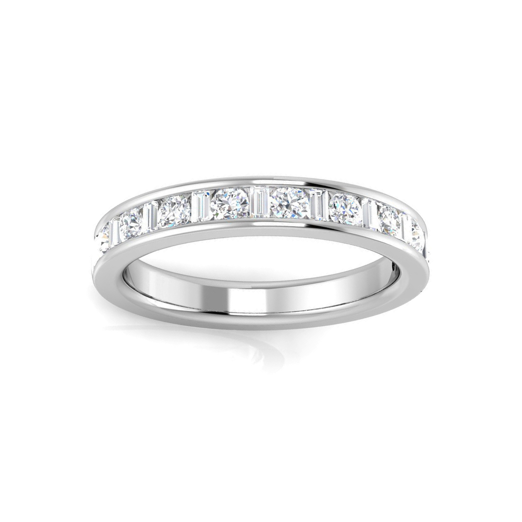 Harrogate Jewellers Mixed Cut Channel Set Diamond Eternity Ring in platinum with alternating baguette and round brilliant cut diamonds, perfect for weddings and anniversaries, bespoke Yorkshire jewellery.