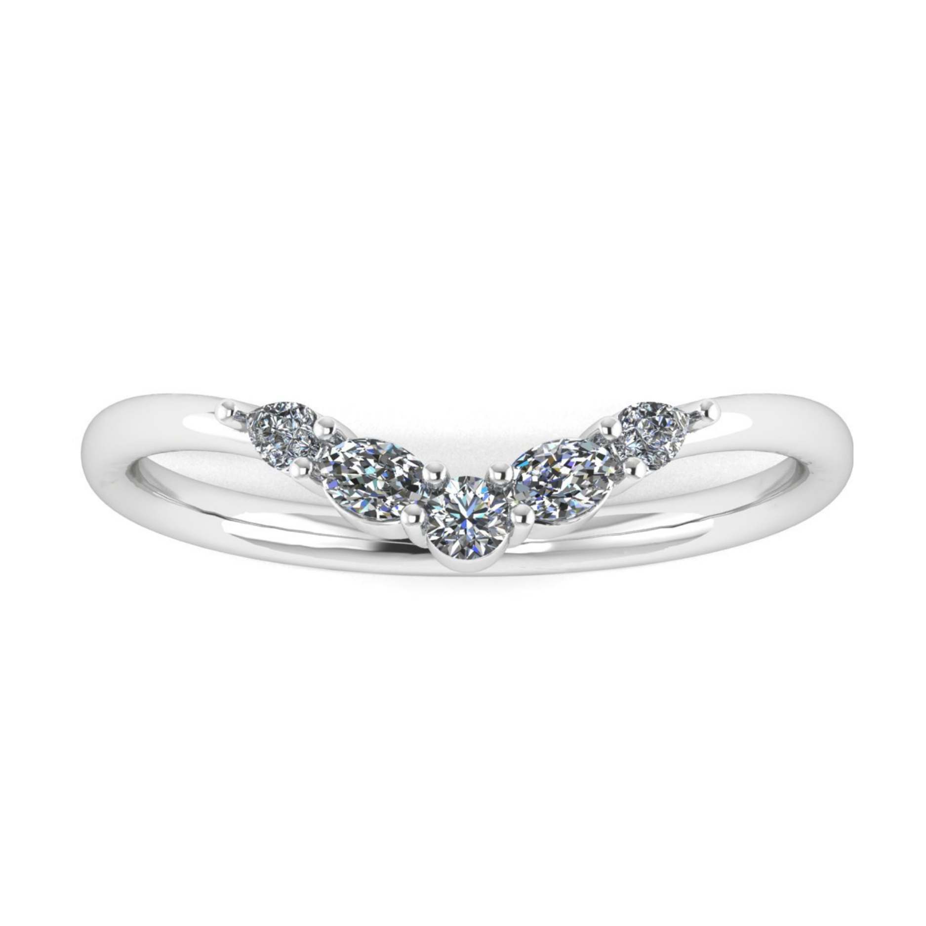Harrogate Jewellers Mixed Cut Shaped Diamond Curve Band, crafted in platinum featuring pear, oval and round brilliant cut diamonds, ideal for wedding or bespoke engagement ring.