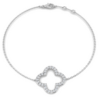 Silver bracelet with a clover-shaped clasp on a white background