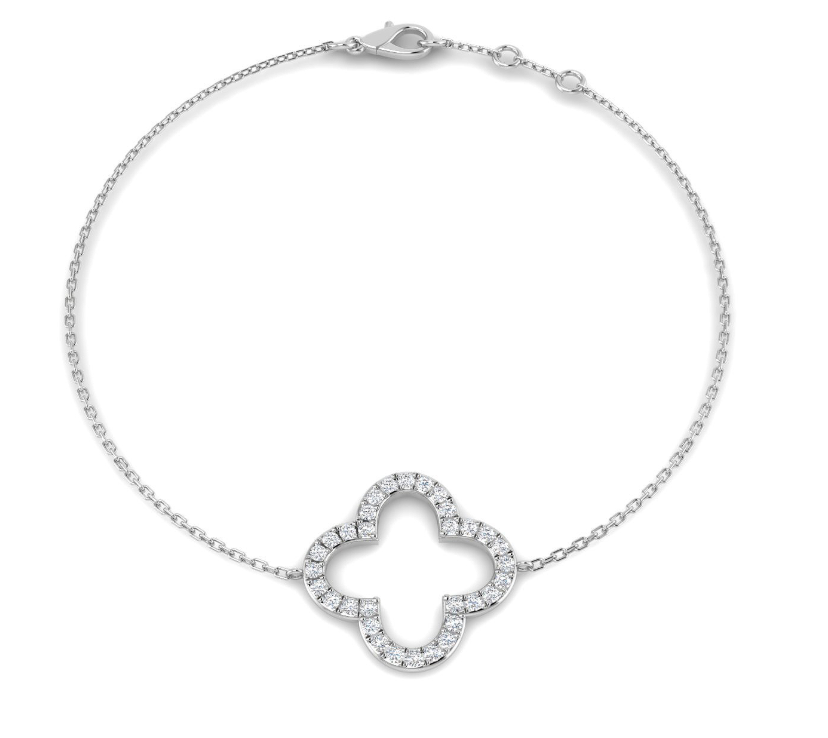 Silver bracelet with a clover-shaped clasp on a white background