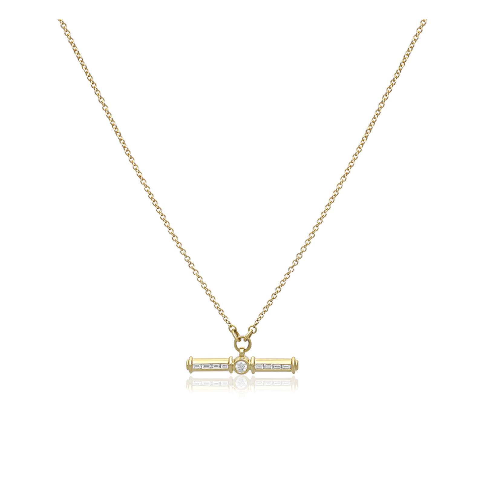 Diamond T-Bar Necklace by Harrogate Jewellers, crafted from 18ct Yellow Gold with a centered Earth Mined Diamond, ideal for bespoke Yorkshire wedding jewellery.