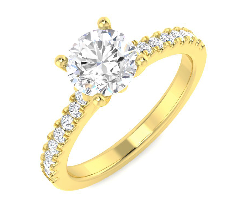 Harrogate Jewellers Lab Grown Round Brilliant Cut Diamond Ring 1.02ct, 18ct yellow gold band adorned with small diamonds, bespoke Yorkshire jewellery.