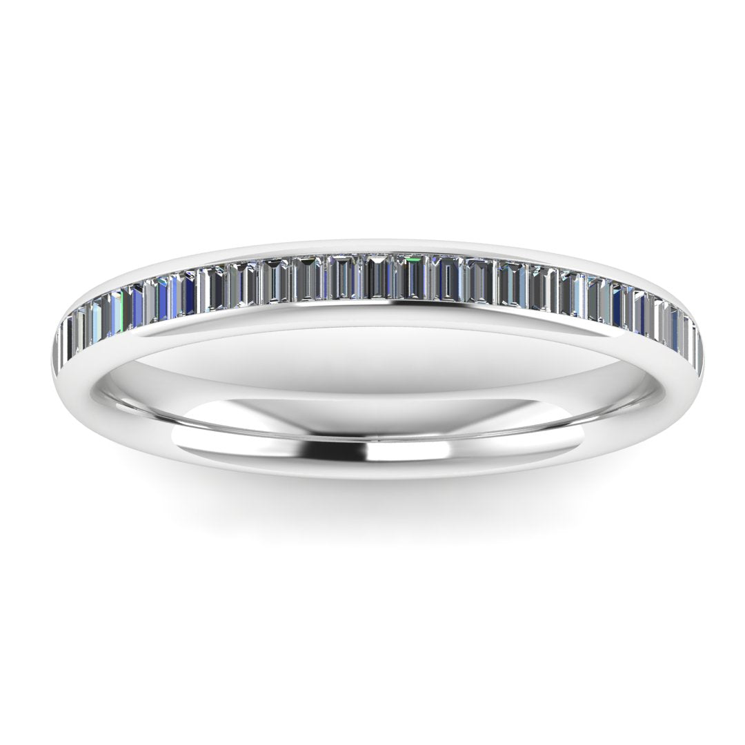 Baguette Cut Half Set Diamond Eternity Ring by Harrogate Jewellers, a beautiful platinum or white gold wedding ring with bespoke jewellery design from Yorkshire.