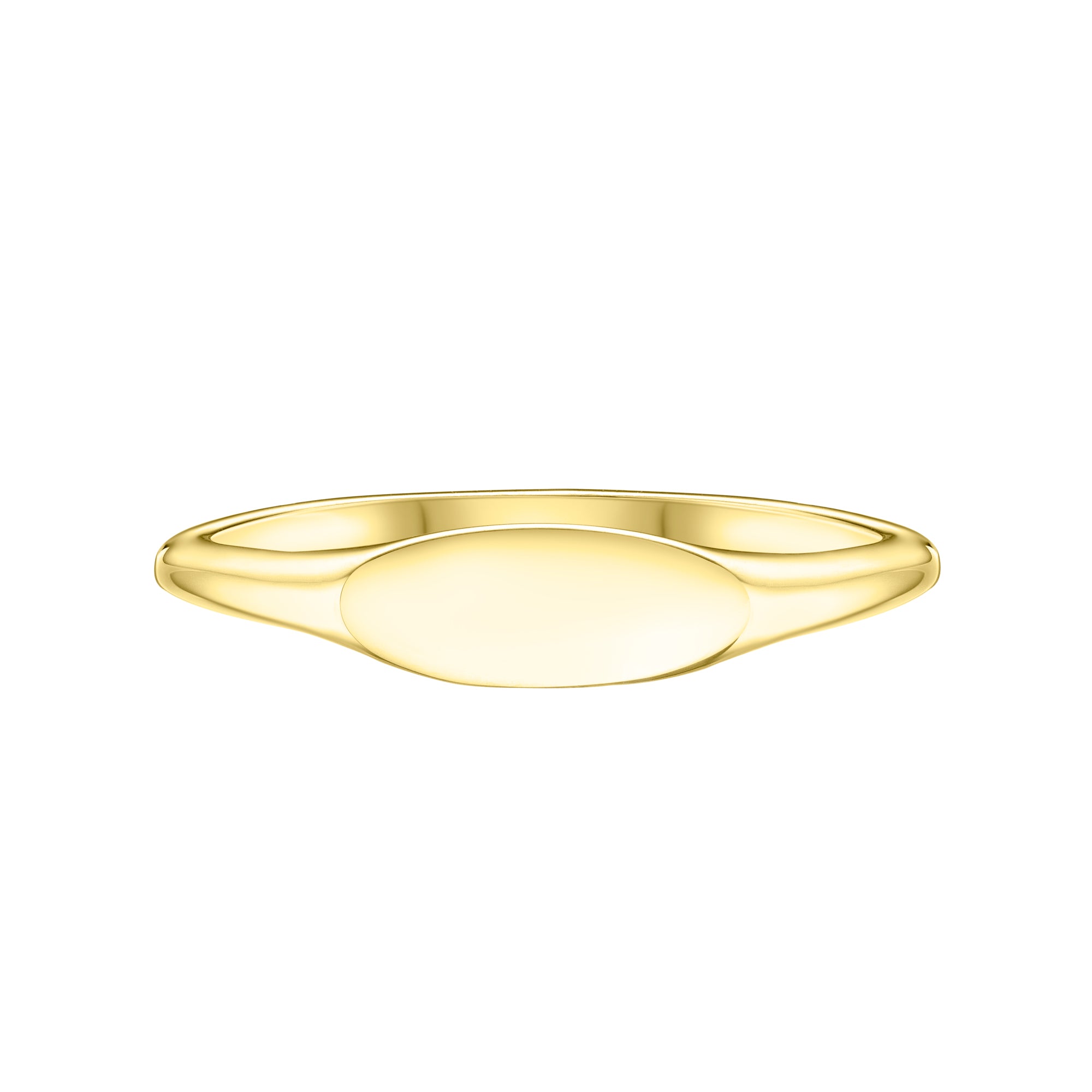 Harrogate Jewellers' slim oval signet ring in gold, featuring a high polish finish and a contemporary design for everyday wear, ideal for bespoke engraving, earth mined diamonds wedding rings.