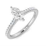 0.75ct Marquise Diamond Solitaire Engagement Ring by Harrogate Jewellers, set in platinum, featuring tapered diamond-set shoulders, against a white background.